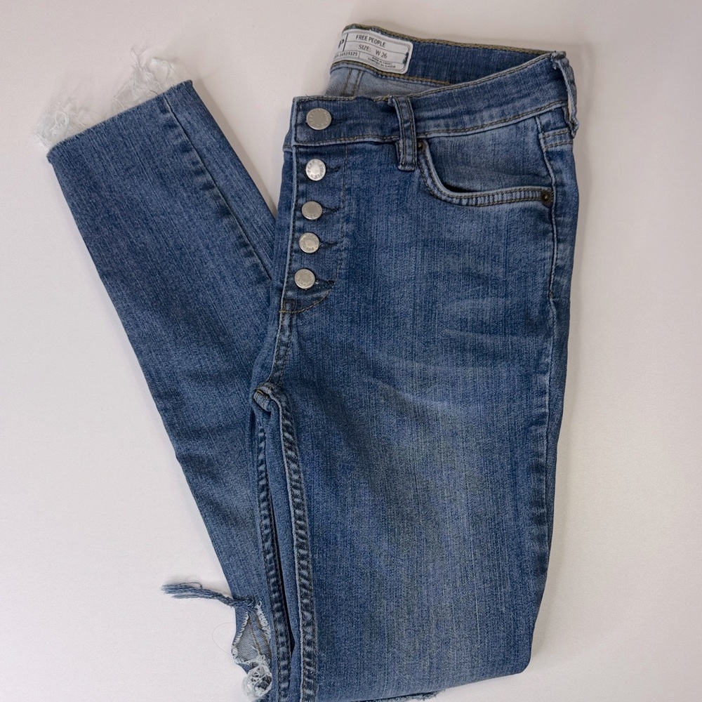Free People Button-Fly Cropped Blue Jeans